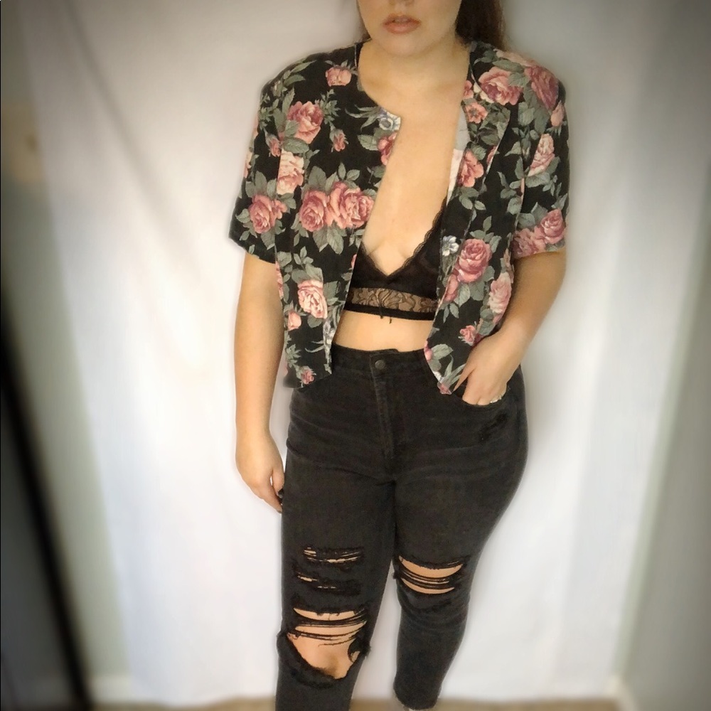 Vintage / 90s Floral Button Up Crop Top